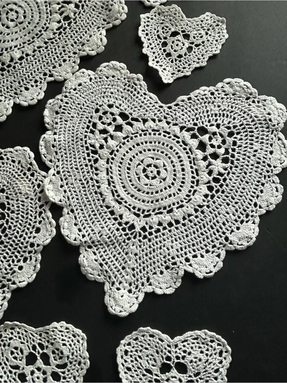 Handmade White Crochet Heart Doilies - Salad Plate/ Coaster Set of 8